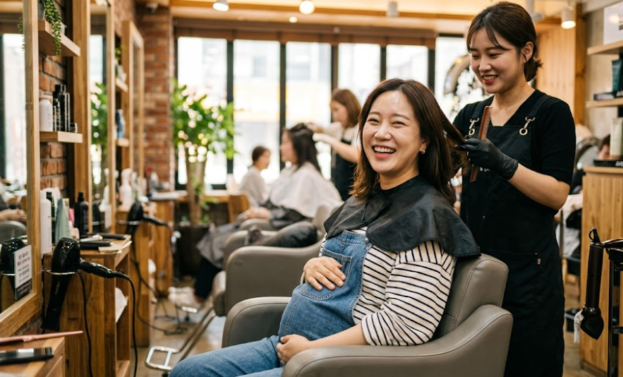 한국인 여성 임산부가 미용실에서 웃고 있는 이미지