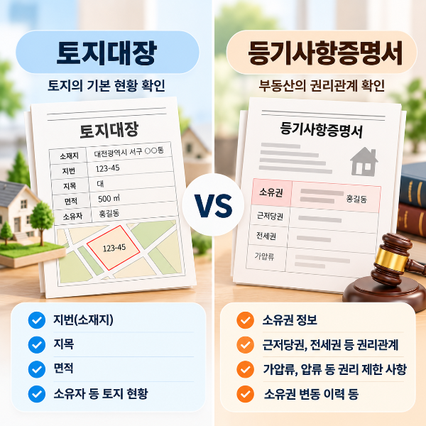 토지대장은 토지의 기본 현황을 확인하고 등기사항증명서는 소유권 등 권리관계를 확인하는 차이를 설명하는 이미지