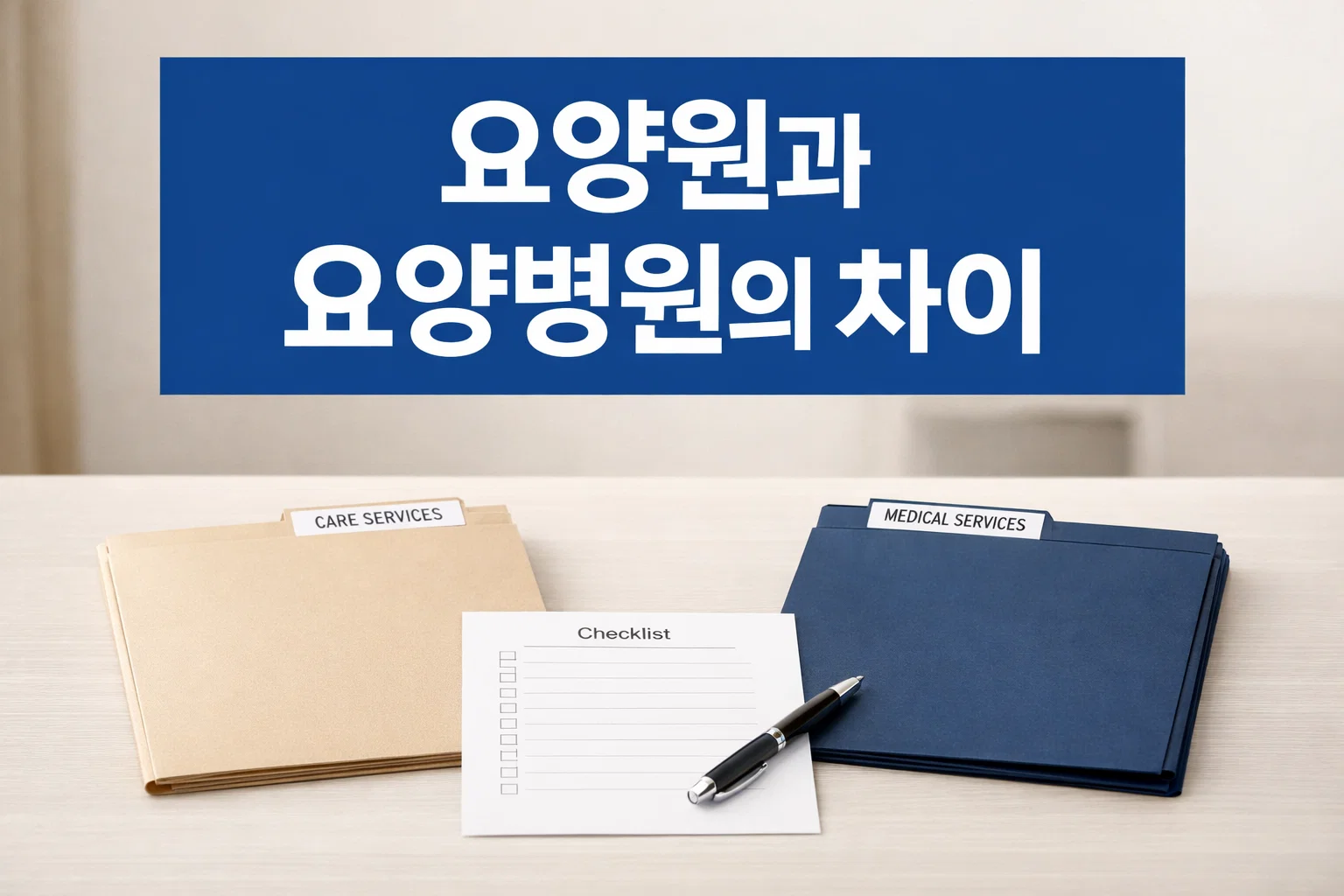 요양원과 요양병원의 차이에서 어떤 시설을 먼저 봐야 하는지 핵심 기준과 선택 방향을 빠르게 이해하도록 정리한 썸네일 이미지