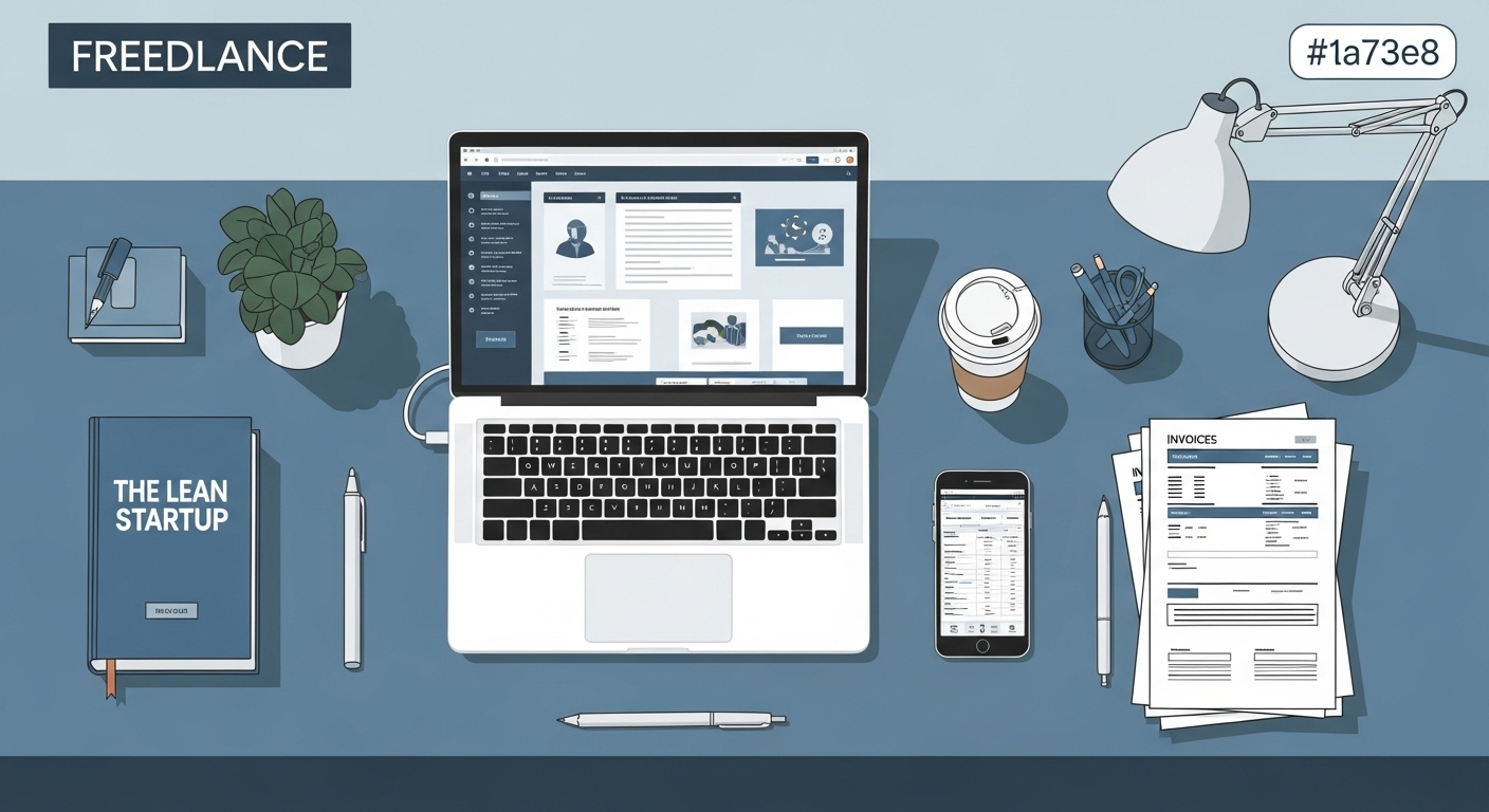 프리랜서의 업무 관련 비용을 보여주는 이미지: 노트북, 서류, 휴대폰 등