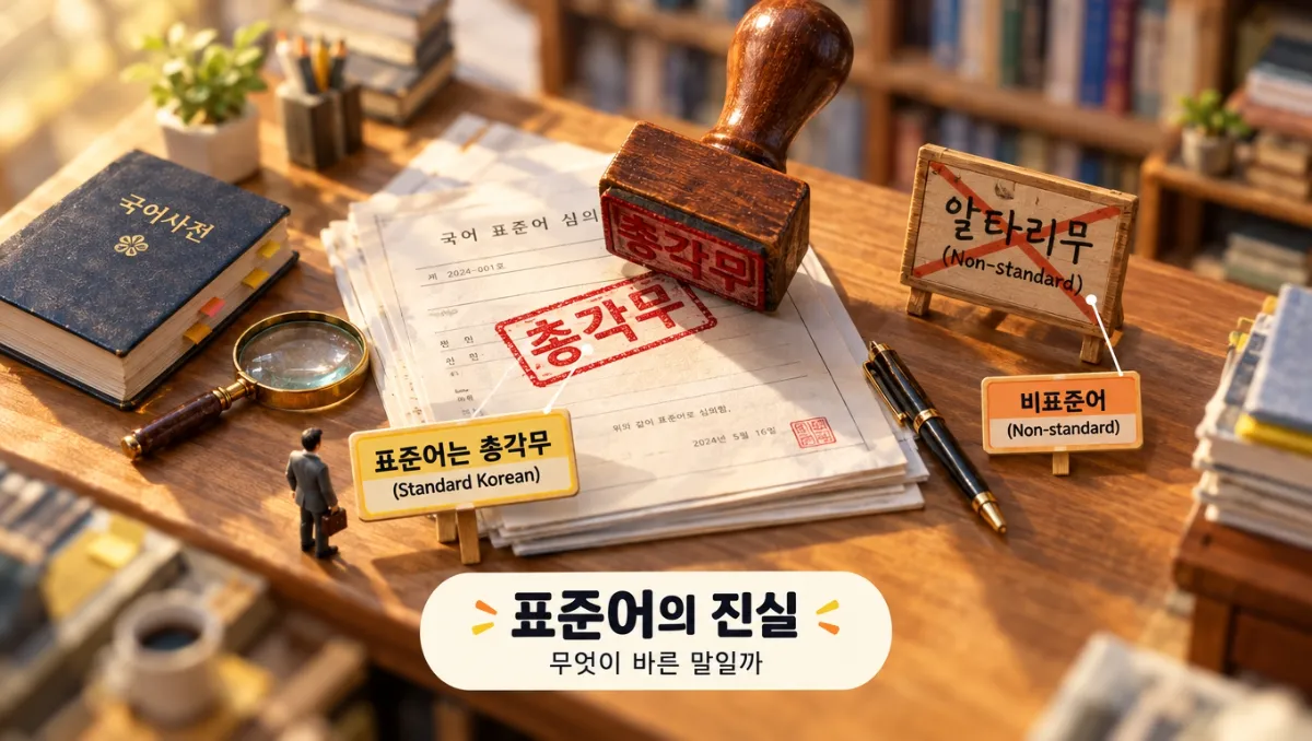 총각무가 표준어인 이유 - 총각무 도장이 찍힌 심의 문서와 알타리무 X 표시 미니어처