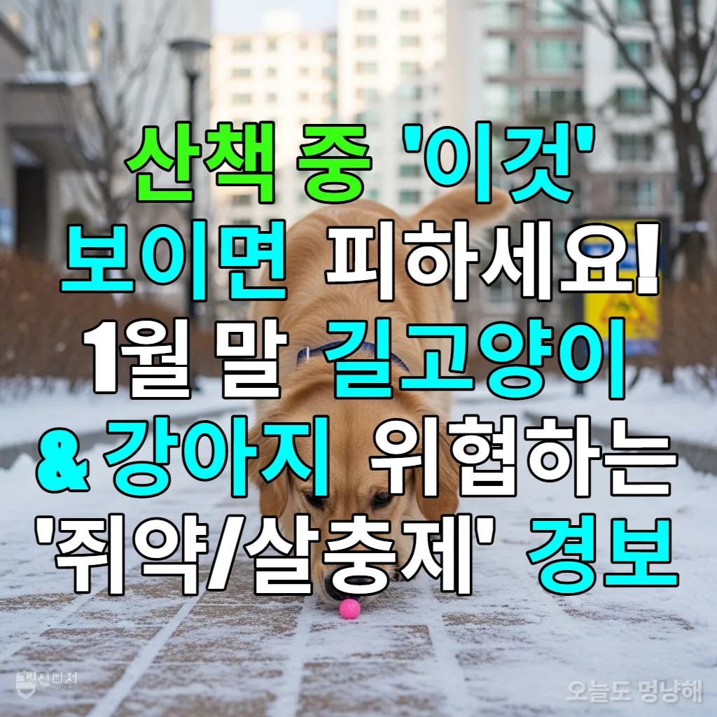 한국 아파트 단지 눈길 산책 중 바닥에 떨어진 쥐약 의심 분홍색 알갱이 냄새를 맡는 골든 리트리버