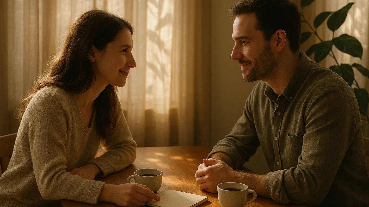 두 사람이 마주 보며 진심으로 대화하는 따뜻한 분위기의 이미지