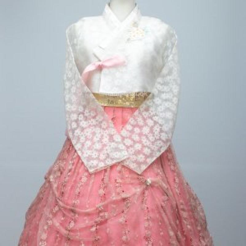 한복대여 여자 파티한복 시스루 하얀저고리 핑크 치마