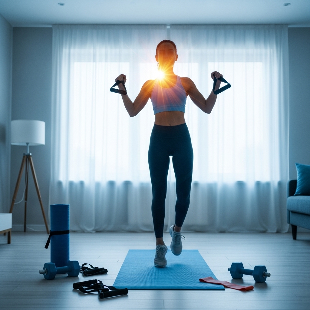 활기찬 모습으로 홈트레이닝 성공을 자축하는 사람, 요가 매트와 덤벨 등 운동 장비들이 주변에 있어 체지방 감량 성공과 건강한 생활 방식을 시사함.
