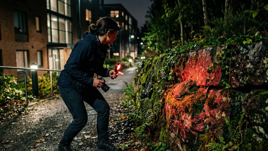 도심 아파트 인근 습지에서 붉은 조명을 활용해 두꺼비를 관찰하는 장면