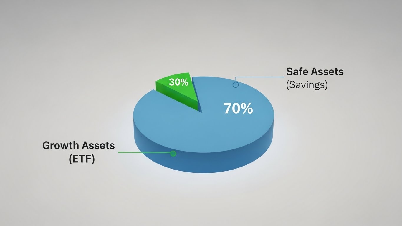 A pie chart showing a portfolio mix 'Safe Assets (Savings) 70%' and 'Growth Assets (ETF) 30%'.