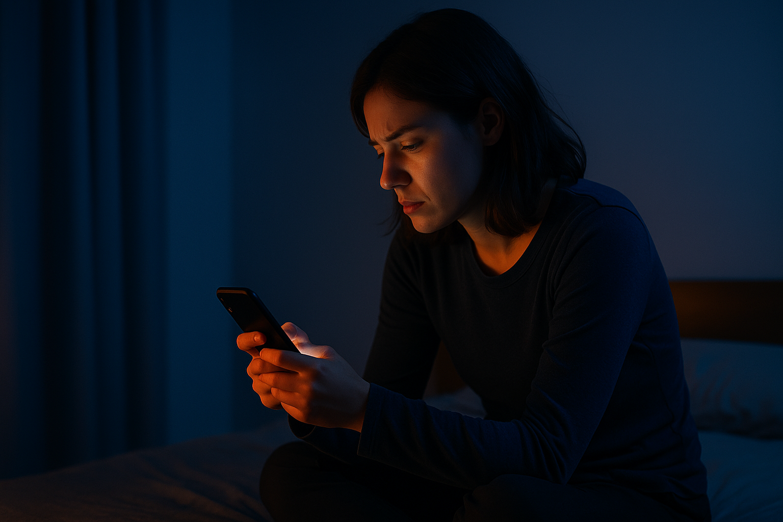 어두운 방에서 스마트폰 불빛만 비춘 채 혼자 깊은 생각에 잠긴 인물의 사진