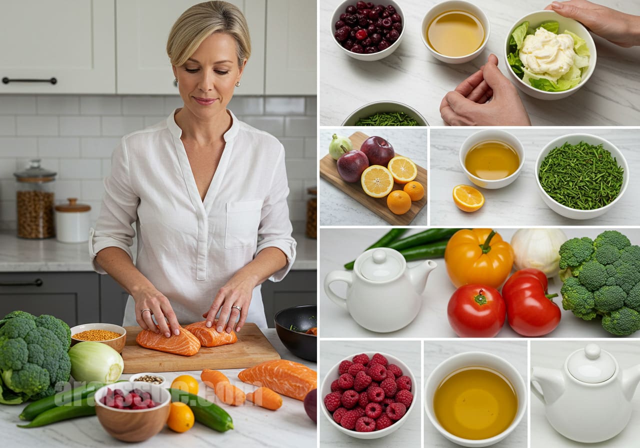 항에스트로겐 성분이 풍부한 식사를 준비하는 40대 여성. 브로콜리, 베리, 녹차 등이 포함된 식사입니다.