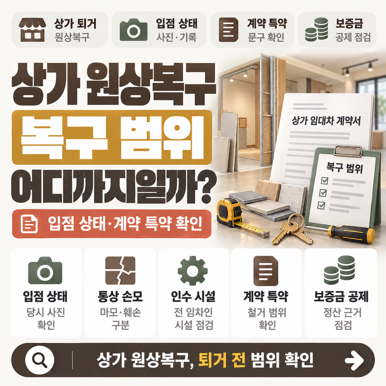 상가 퇴거 전 인테리어 철거 범위를 점검하는 임차인과 임대인