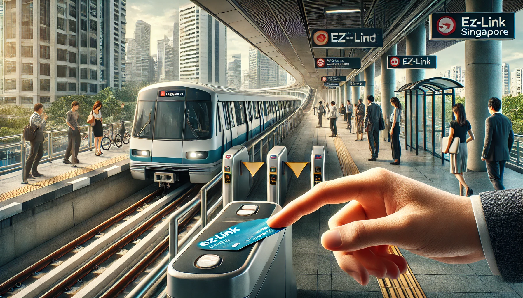 MRT 열차, 이지링크 카드, 버스 정류장 풍경이 함께 담긴 이미지