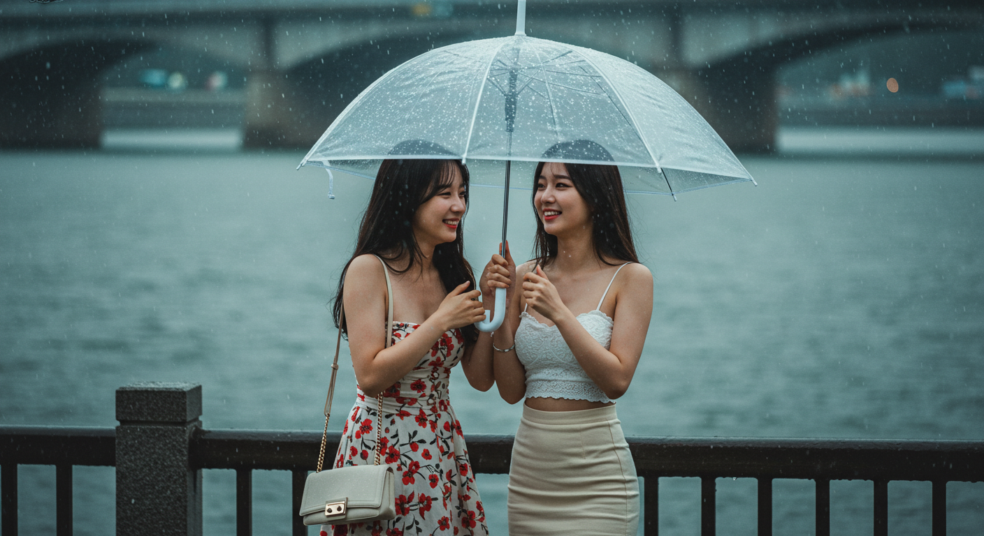 비오는 강변에 서있는 여자들