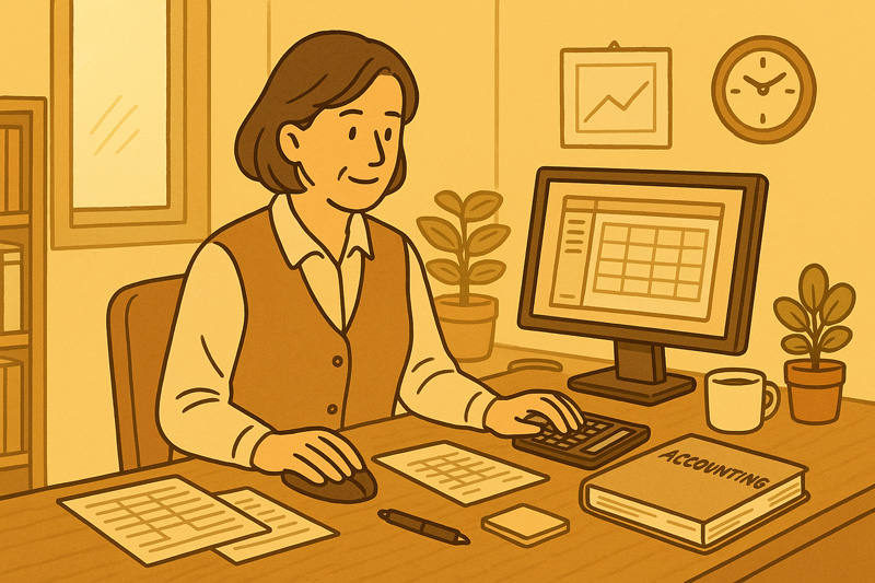컴퓨터 앞에서 계산기와 문서를 활용해 업무를 처리 중인 회계 담당자