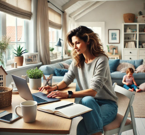 주부 집에서 노트북으로 일하는 모습
