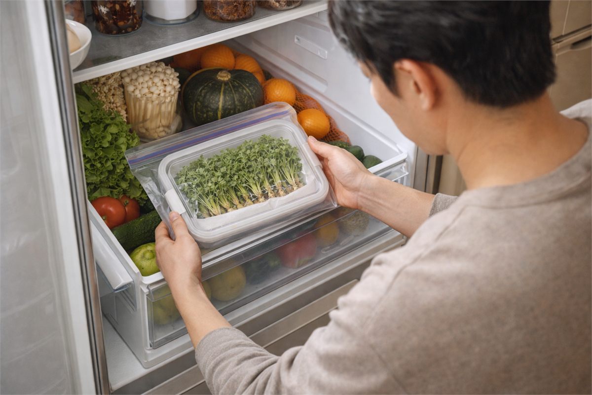 밀폐용기에 담은 냉이를 냉장고에 넣는 장면 