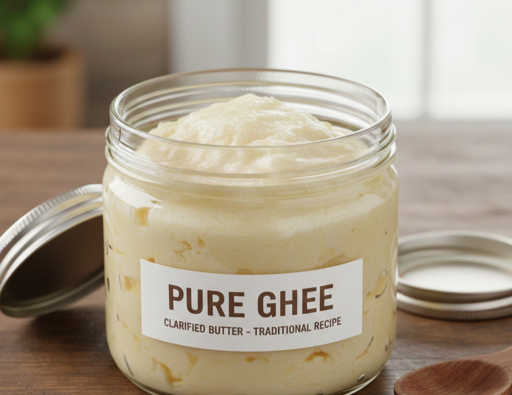 나무 테이블 위에 놓인 투명한 유리병에 담긴 상온에서 굳은 기버터(Ghee) 이미지입니다. 기버터는 옅은 상아색을 띠며 표면이 고르지 않고 부드러운 질감이 느껴지도록 굳어 있습니다.