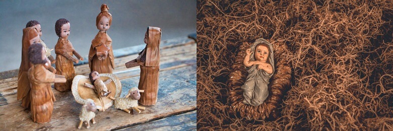 예수탄생을 인형으로 재현한 사진으로 왼쪽은 갓 태어난 예수 아기를 중심으로 성모마리아와 여러명의 여성들이 모여있고 양 두마리가 좌/우측으로 앉아 있는 모습이며 우측은 갓 태어난 예수님 아기를 천으로 감싸고 지푸라기 더미같은 바닥에 눕혀져 있는 인형 사진