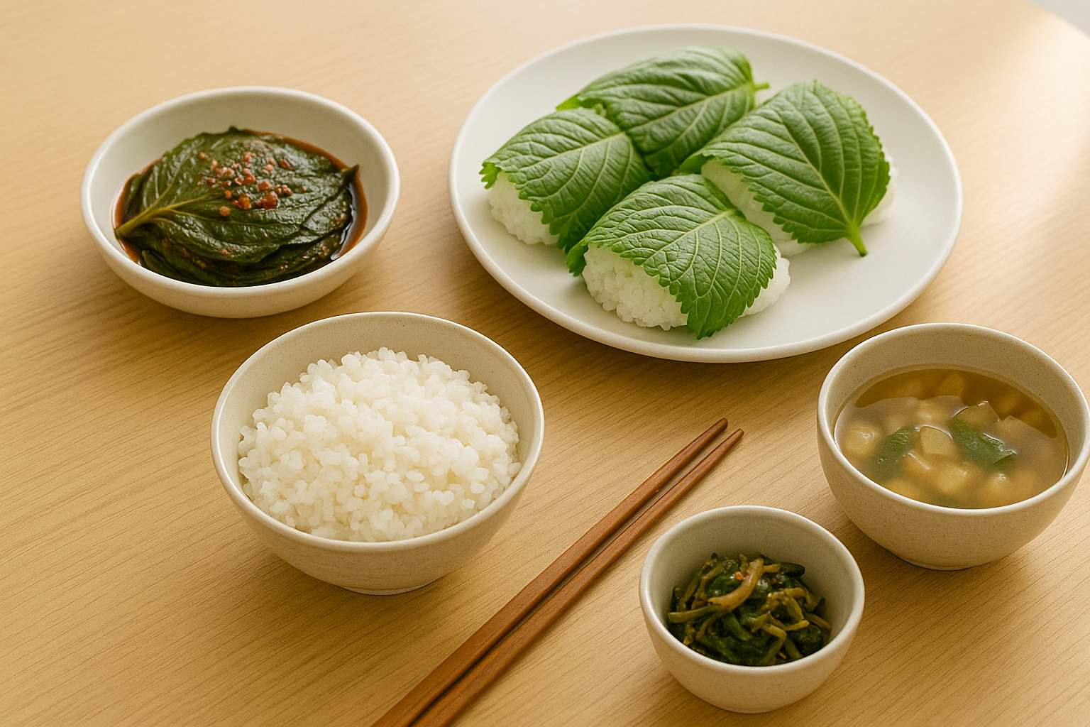 따뜻한 가정식 밥상에 깻잎장아찌와 깻잎쌈밥이 놓인 모습