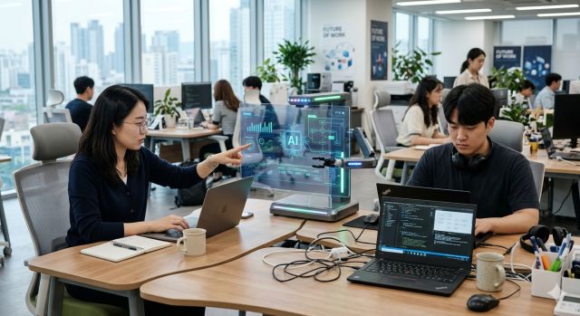 AI 자동화로 변화하는 직업 환경과 사무실 업무 구조를 보여주는 이미지