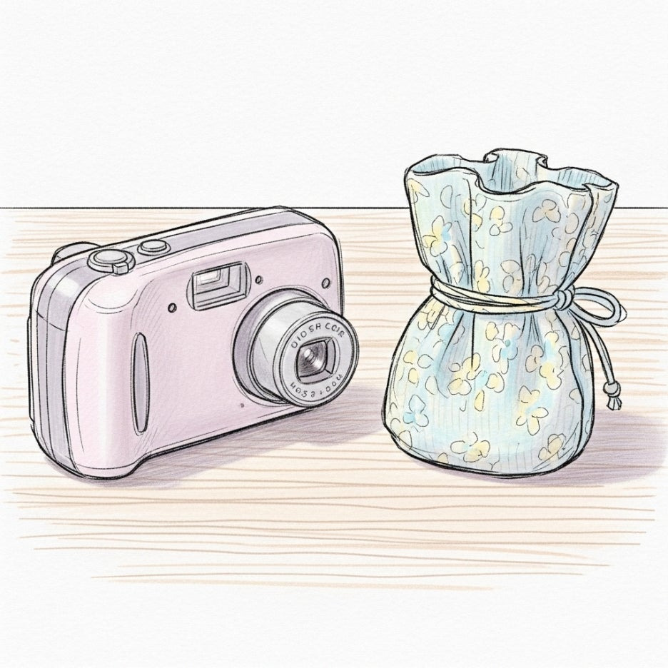 책상 위에 놓인 작은 디지털 카메라와 전용 파우치의 아날로그 감성