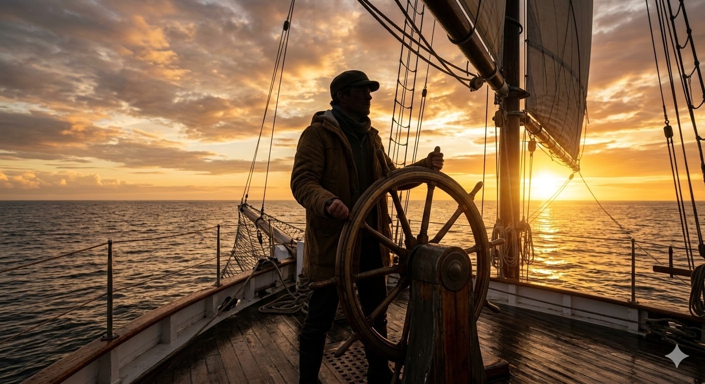 폭풍우 치는 바다 너머 동트는 수평선을 바라보며 배의 키를 잡은 투자자의 실루엣