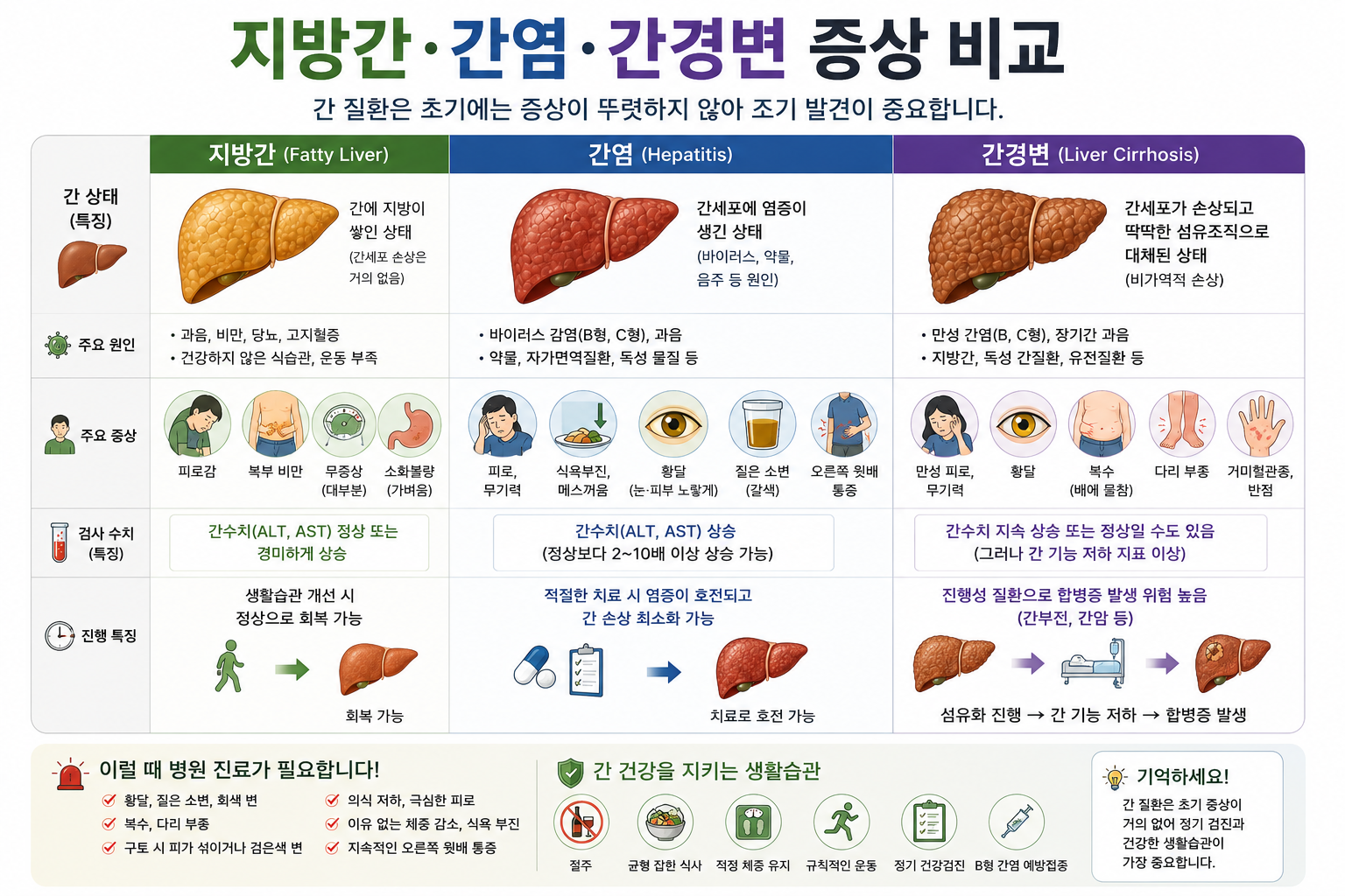 지방간, 간염, 간경변의 주요 증상과 원인 비교 이미지