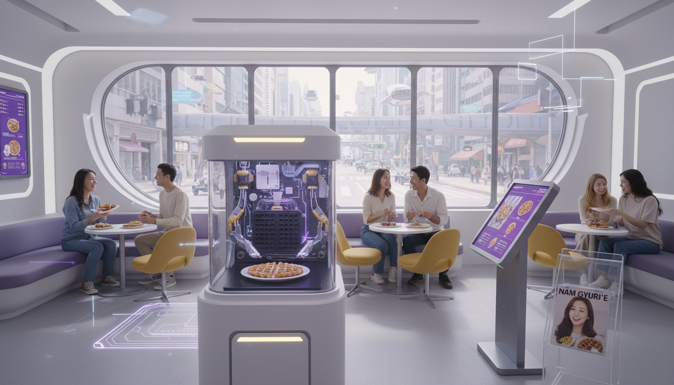 미래지향적인 보라색과 노란색 악센트가 돋보이는 AI 와플 무인 매장 내부. 자동 와플 기계와 키오스크, 깔끔한 좌석이 보이며, 손님들이 갓 구운 와플을 즐기고 있다. 창업의 희망을 상징하는 밝고 현대적인 분위기.