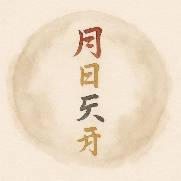 동양 수묵화 스타일의 만세력 상징 일러스트, 사주의 네 기둥을 추상적으로 표현한 이미지