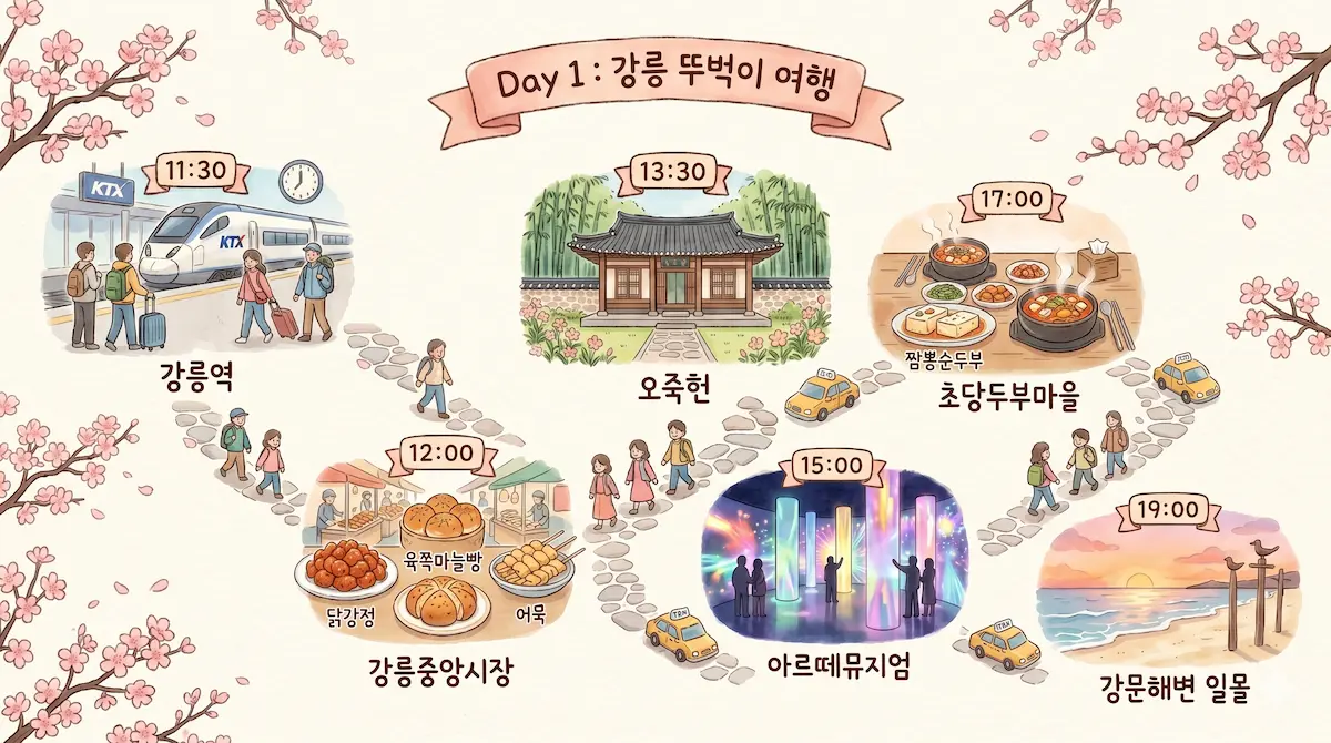 강릉 뚜벅이 1박 2일 코스 동선 한눈에 보기 - KTX 강릉역에서 시작해 중앙시장 오죽헌 아르떼뮤지엄 초당두부마을 강문해변 경포 정동진까지