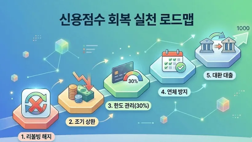 신용점수 회복 실천 로드맵"이라는 제목의 인포그래픽 이미지입니다. 상승하는 화살표가 있는 배경에 5단계의 실천 방안이 육각형 플랫폼 형태로 배열되어 있습니다. 1단계 '리볼빙 해지' (카드 아이콘), 2단계 '조기 상환' (돈 아이콘), 3단계 '한도 관리(30%)' (게이지 카드 아이콘), 4단계 '연체 방지' (달력 아이콘), 5단계 '대환 대출' (은행 아이콘)로 이어지며, 각 단계는 직관적인 아이콘과 텍스트로 구성되어 신용점수 높이는 법을 명확하게 보여줍니다. 마지막 5단계 플랫폼은 신용점수 만점인 1000을 향하고 있습니다. 신용 관리 및 금융 상식 콘텐츠에 최적화된 이미지입니다.
