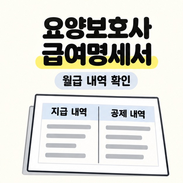 요양보호사 급여명세서 제목과 월급 내역 확인 문구 아래 지급 내역과 공제 내역을 나누어 보여 주는 문서 그림