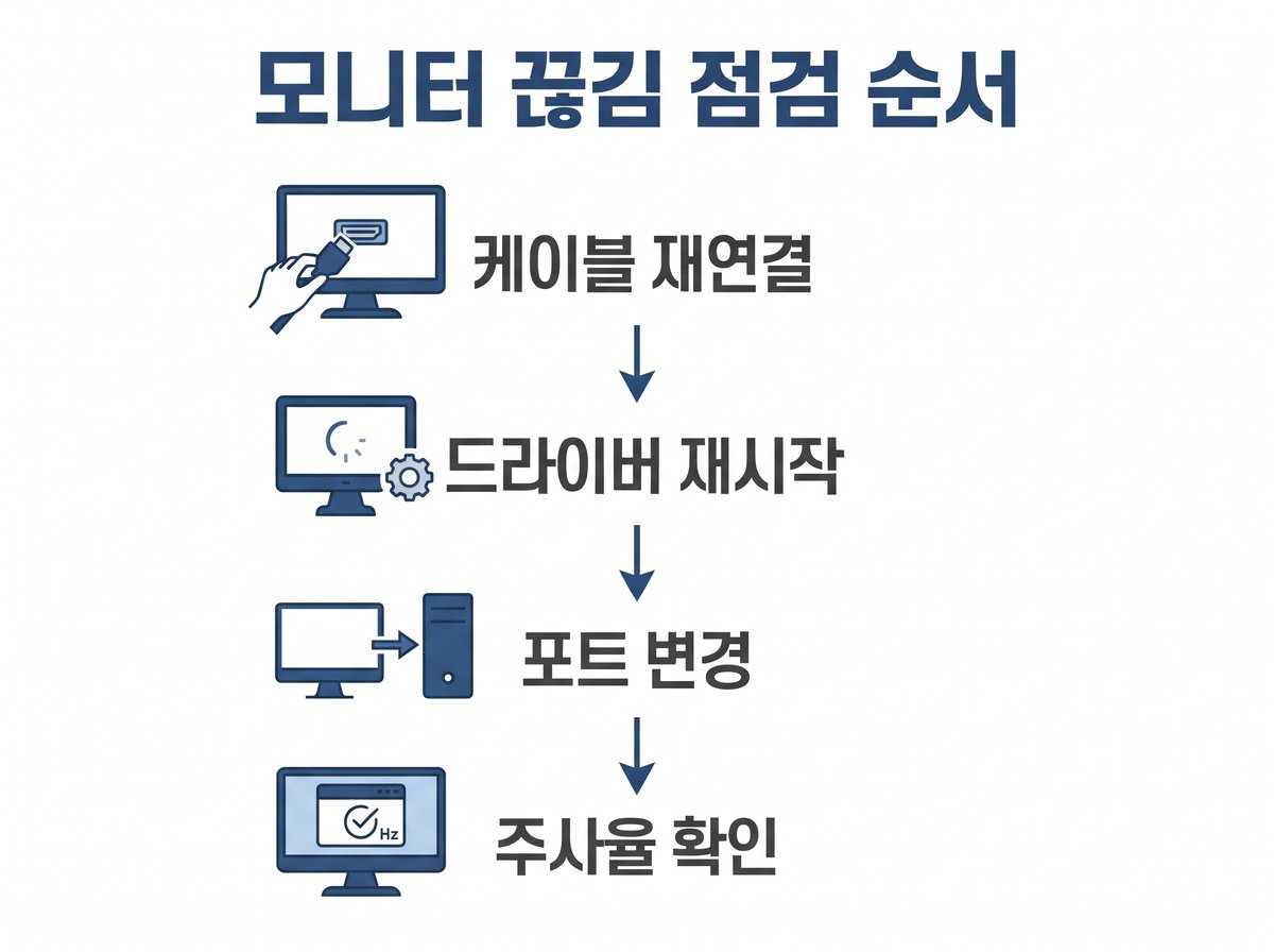 모니터 끊김 점검 순서, 케이블 재연결, 드라이버 재시작, 포트 변경, 주사율 확인