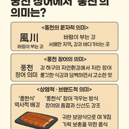 풍천 장어에서 ‘풍천’의 문자적 의미, 장어의 의미, 상업적·브랜드적 의미, 역사적 배경을 설명하는 한국어 인포그래픽