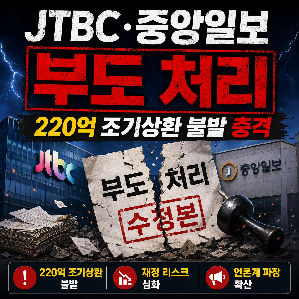 JTBC 중앙일보 부도 처리 — 220억 조기상환 불발·회생절차·금융권 1조3000억 파장 총정리 2026