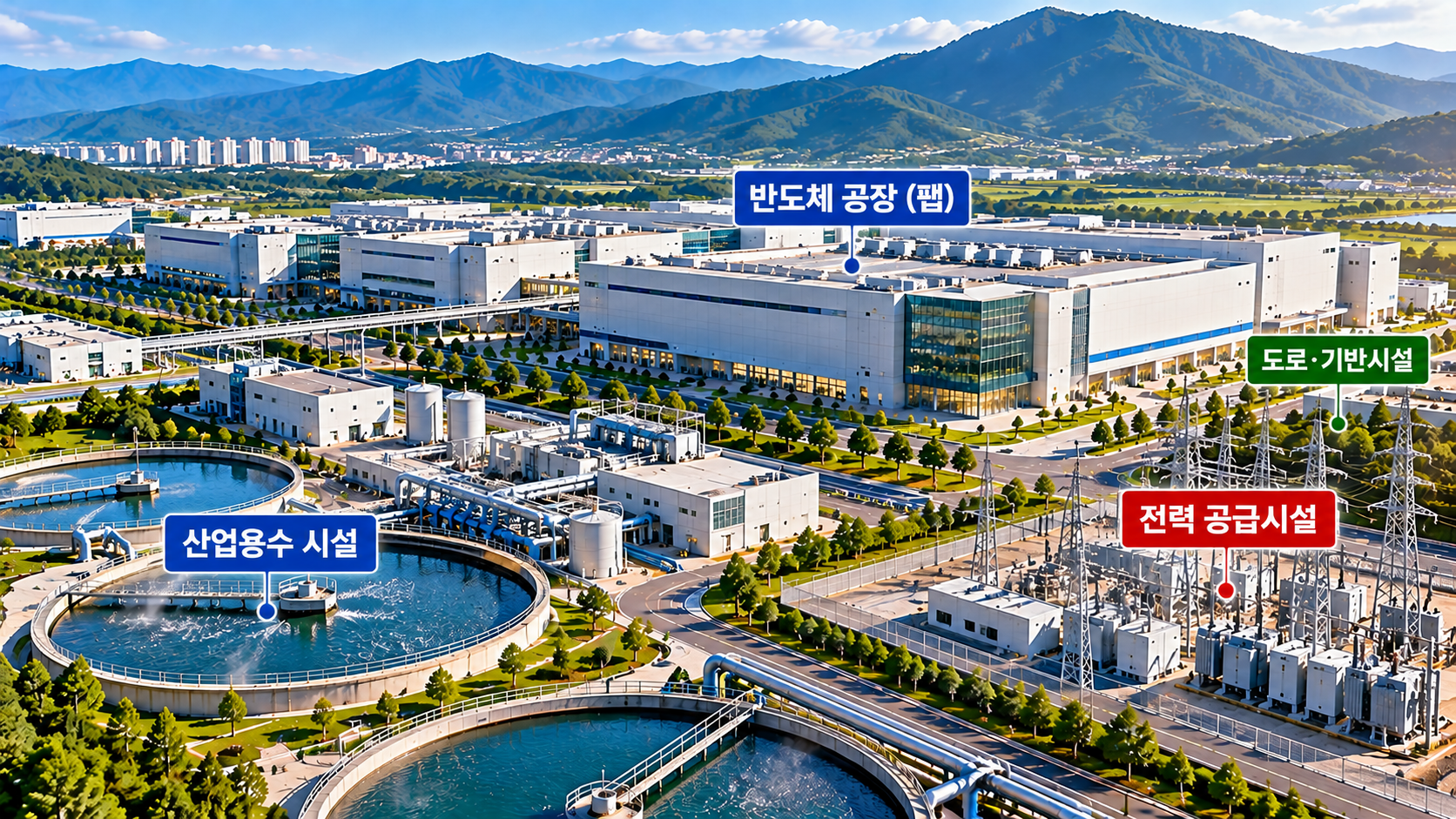 호남 반도체 클러스터 관련주 10종목 분석을 위한 반도체 공장, 산업용수 처리시설, 전력 공급시설과 도로 기반시설 예상 모습