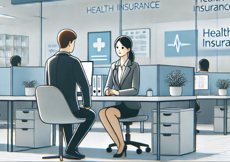 고객 서비스 센터에서 건강보험 관련 상담을 받는 장면