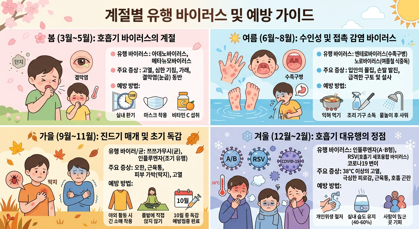 봄 여름 가을 겨울 계절별 유행 바이러스 종류 및 주요 증상 요약
