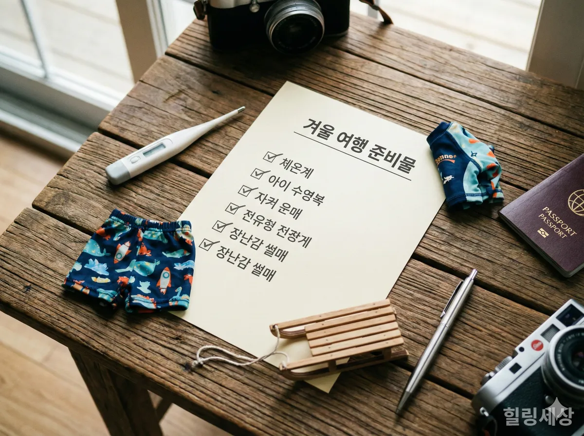 겨울 가족 여행을 위한 준비물 체크리스트와 수영복, 장난감