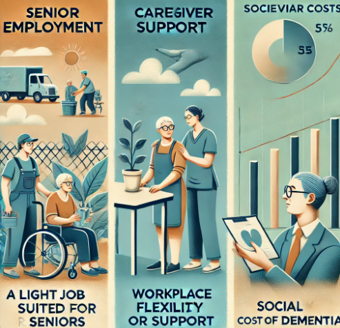치매와 일자리 문제
노인 일자리 (왼쪽)-치매 전 단계의 노인이 가벼운 일(정원 가꾸기, 후배 멘토링 등)에 참여하는 모습.
보호자 지원 (가운데)-치매 환자를 돌보는 보호자가 직장에서 유연 근무 제도나 돌봄 지원을 받는 장면.
사회적 비용 (오른쪽)-정책 관계자들이 치매 관련 통계 그래프와 예산 보고서를 검토하는 모습.