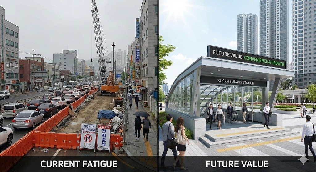 부산 지하철 공사 현장의 교통 체증과 미래의 완공된 역세권 아파트 풍경 대비 이미지