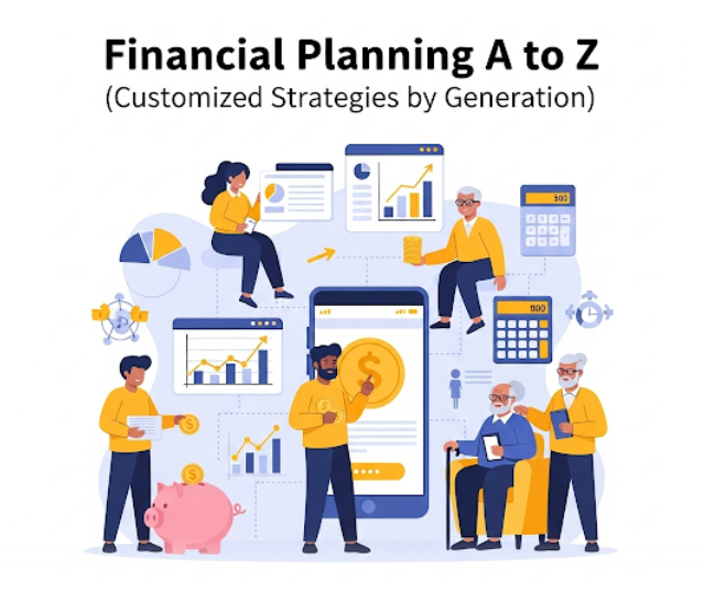재무설계 A to Z 의 세대별 맞춤 전략을 간략히 시각화시킨 이미지