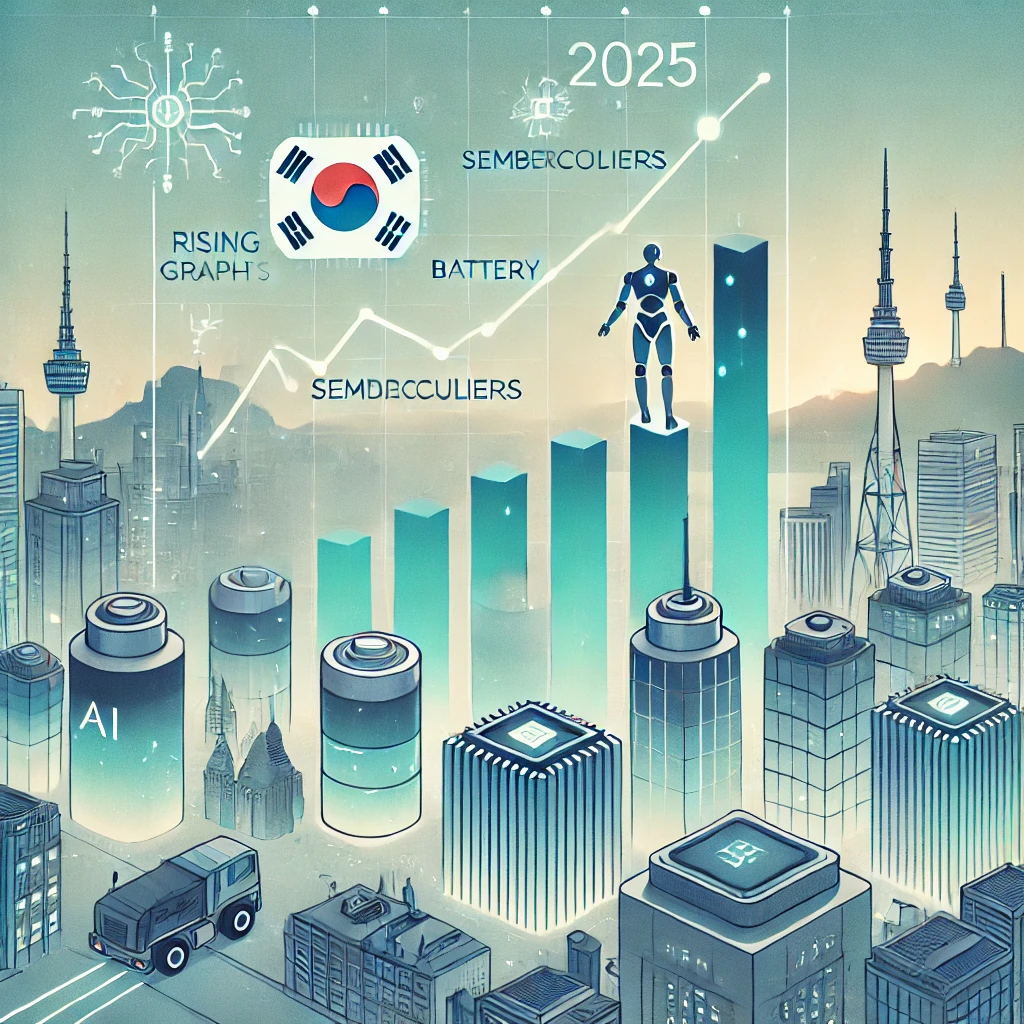 2025년 한국 주식시장 전반의 상승 흐름과 반도체·2차전지·AI 등 주요 테마를 표현한 일러스트