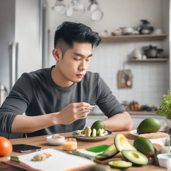 3. 키친 테이블에 앉아 저탄고지 식단을 계획하며 아보카도, 달걀, 닭고기 요리를 바라보는 한국인 남성