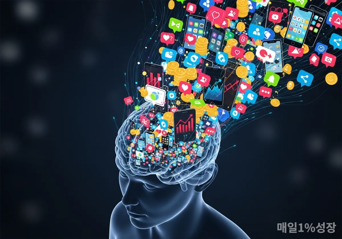 스마트폰과 재테크 고민으로 도파민 과부하가 걸린 현대인의 뇌 일러스트