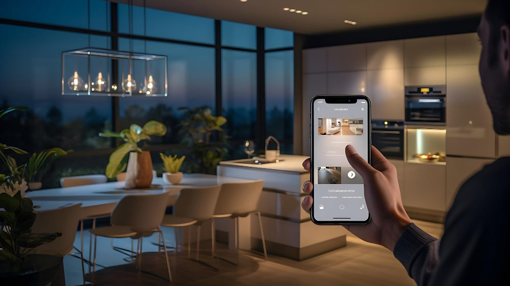 Cozy living room interior with smart home appliances in 2024, air purifier and smart lighting in harmony