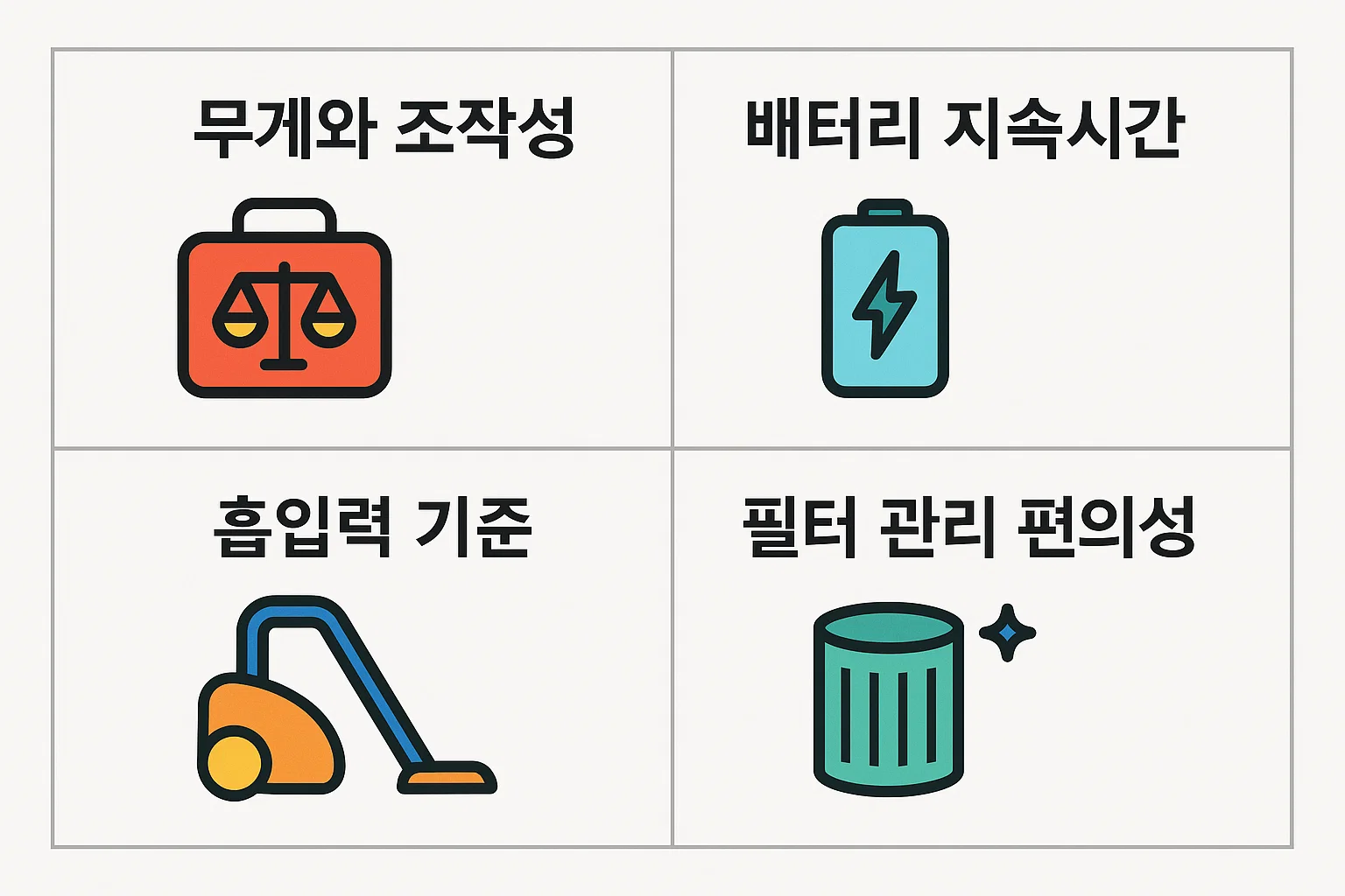 무게와 조작성, 배터리 지속시간, 흡입력 기준, 필터 관리 편의성 등 구입 전 체크해야 할 핵심 비교 항목을 정리한 인포그래픽.