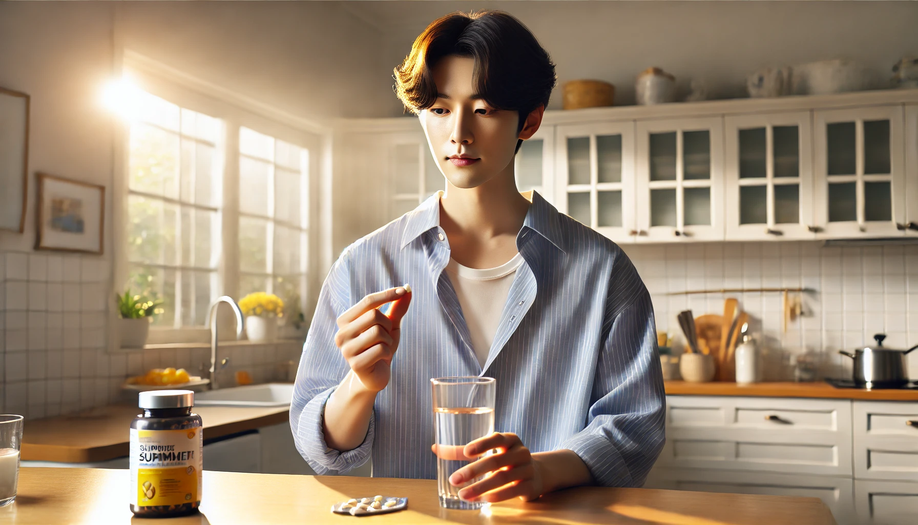 아침 공복에 물과 함께 영양제를 복용하는 사람, 또는 운동 직전 쉐이커를 들고 있는 모습