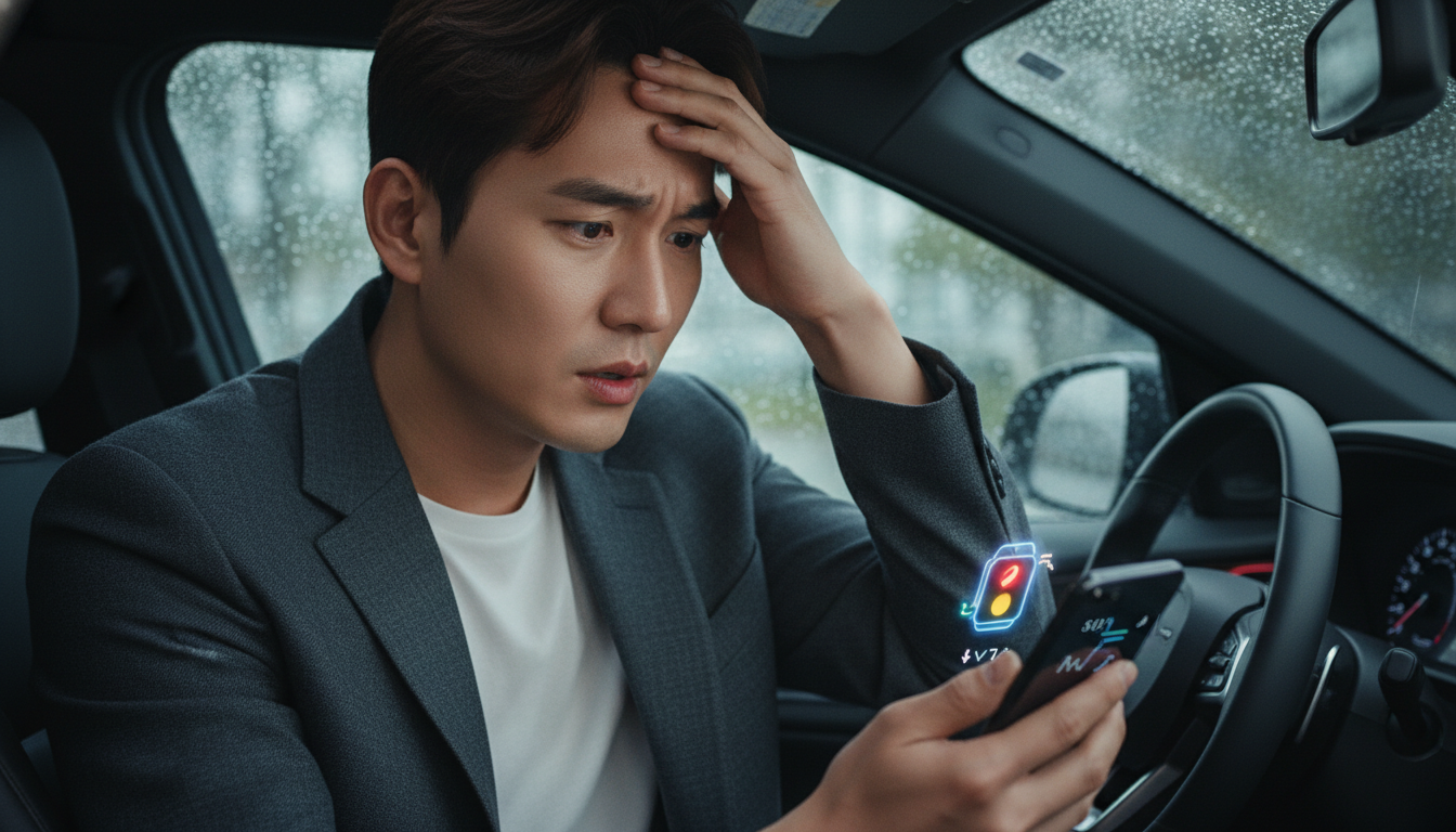 우회전 위반 범칙금과 벌점에 대한 정보를 확인하며 걱정하는 현대 한국인 운전자