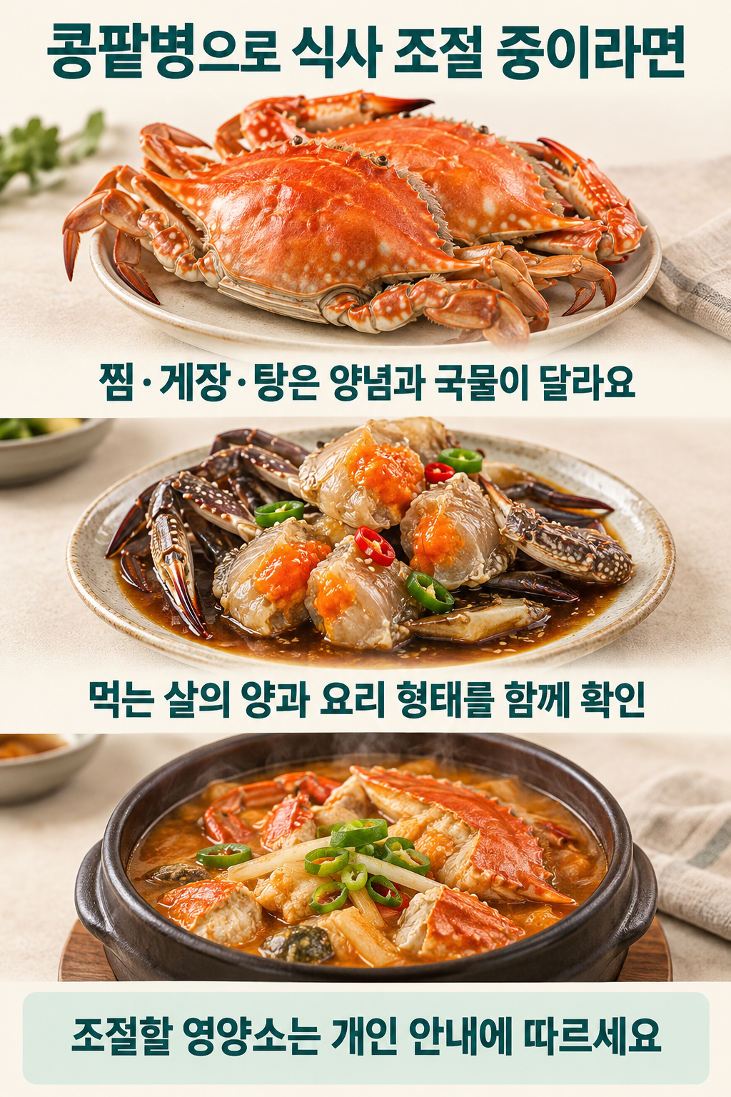 꽃게찜&middot;가열하지 않은 게장&middot;꽃게탕을 구분하고 먹는 양과 개인 식사 안내를 연결한 비교
