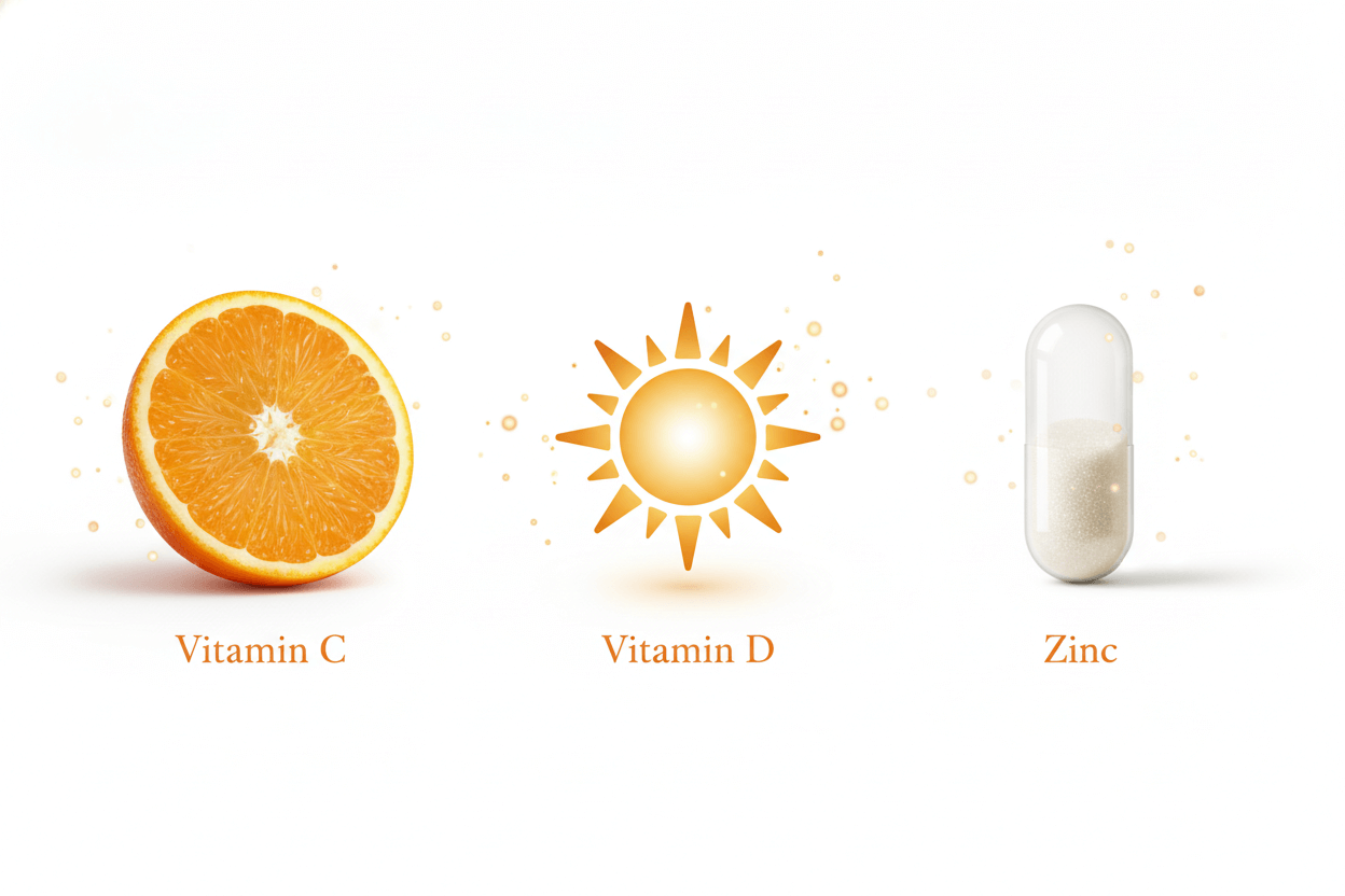 비타민C&middot;비타민D&middot;아연 핵심 성분 이미지(오렌지, 햇빛 아이콘, 캡슐) 구성